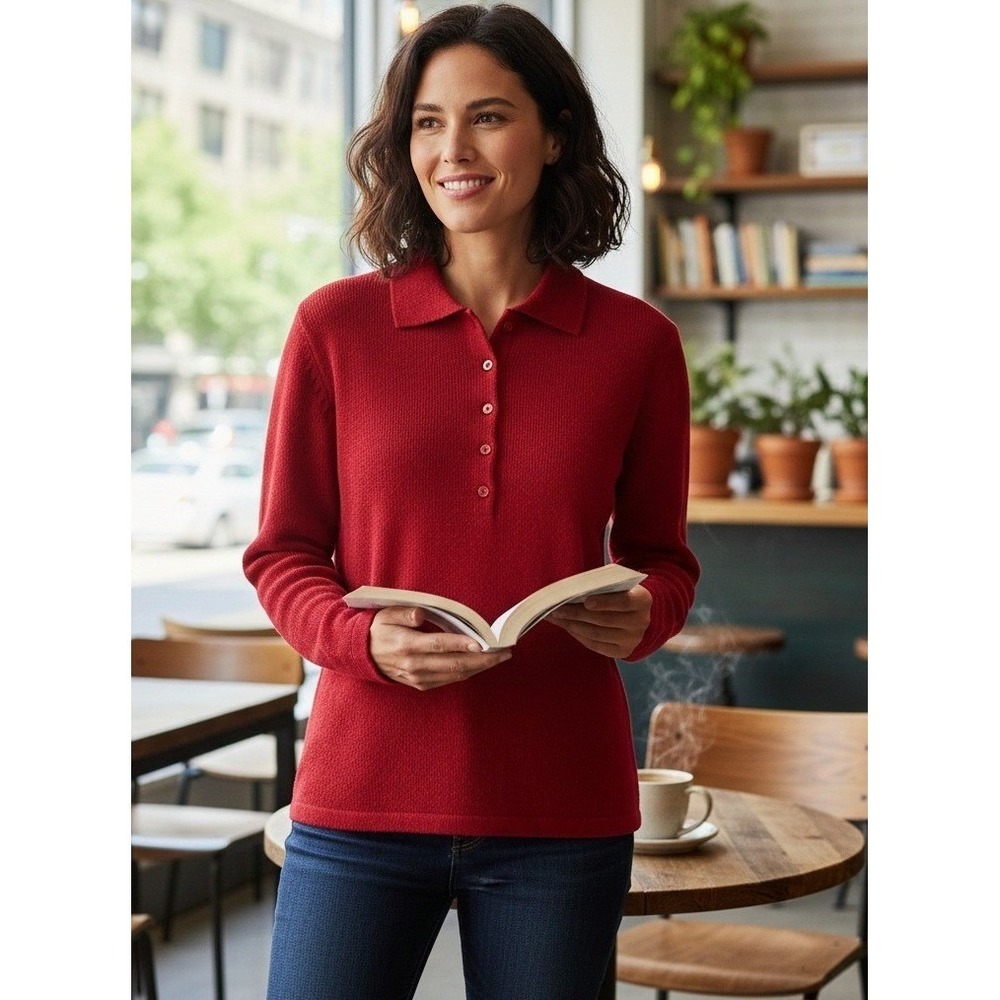 Amore Button Down Women's Size M Long Sleeve Velour Stretch Hongkong Red NWT